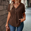 Womens Fashion V-neck Simple Three-button Solid-color Short Sleeve